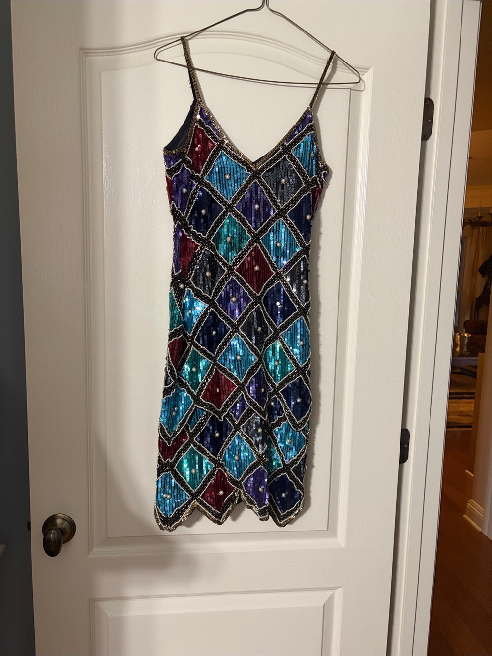 Beaded Geometric Slip Dress in Teal, Navy & Burgundy